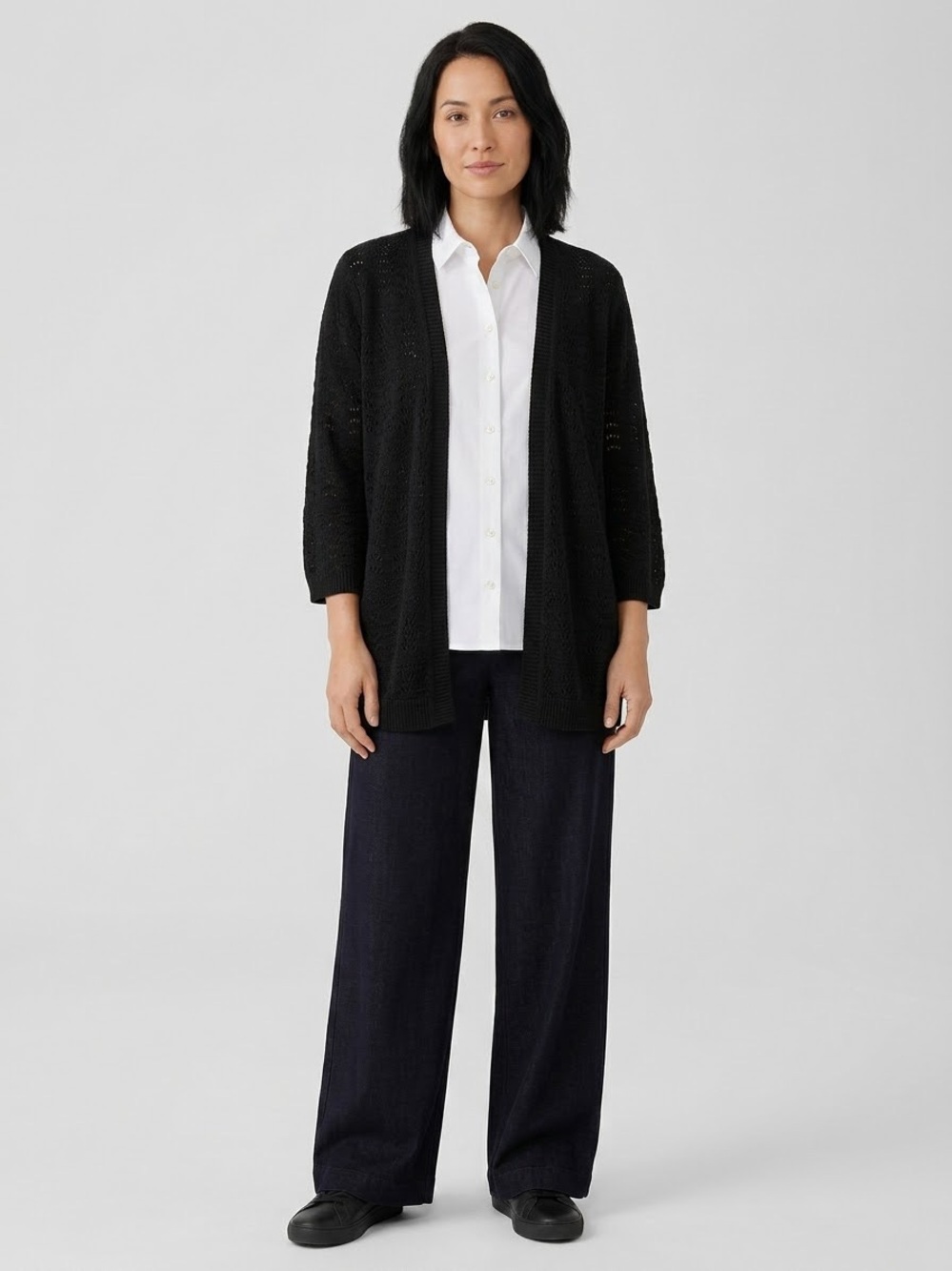 Laura Scott Open Front Pointelle Knit Cardigan Lightweight Layering sweater